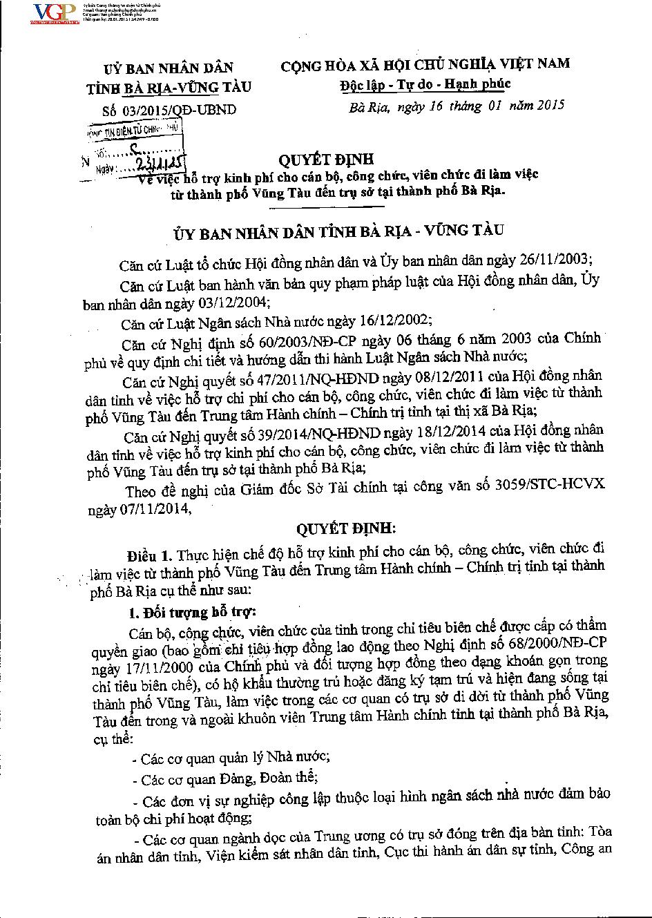 Quyết định 03/2015/QĐ-UBND hỗ trợ kinh phí cho cán bộ, công, viên chức đi làm việc từ thành phố Vũng Tàu đến Trung tâm Hành chính - Chính trị tỉnh tại thành phố Bà Rịa, tỉnh Bà Rịa - Vũng Tàu