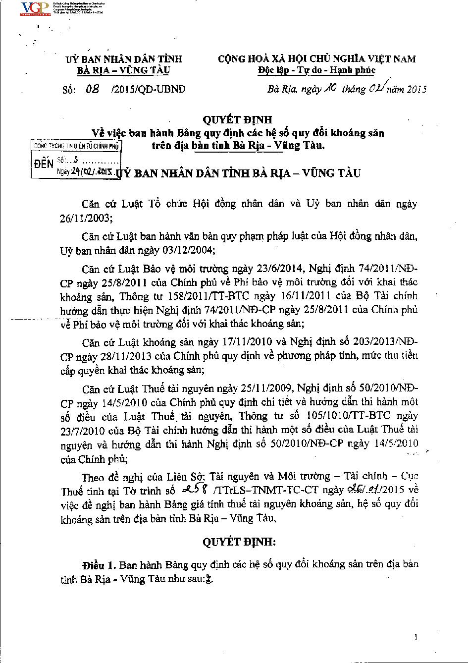 Quyết định 08/2015/QĐ-UBND về Bảng quy định hệ số quy đổi khoáng sản trên địa bàn tỉnh Bà Rịa - Vũng Tàu