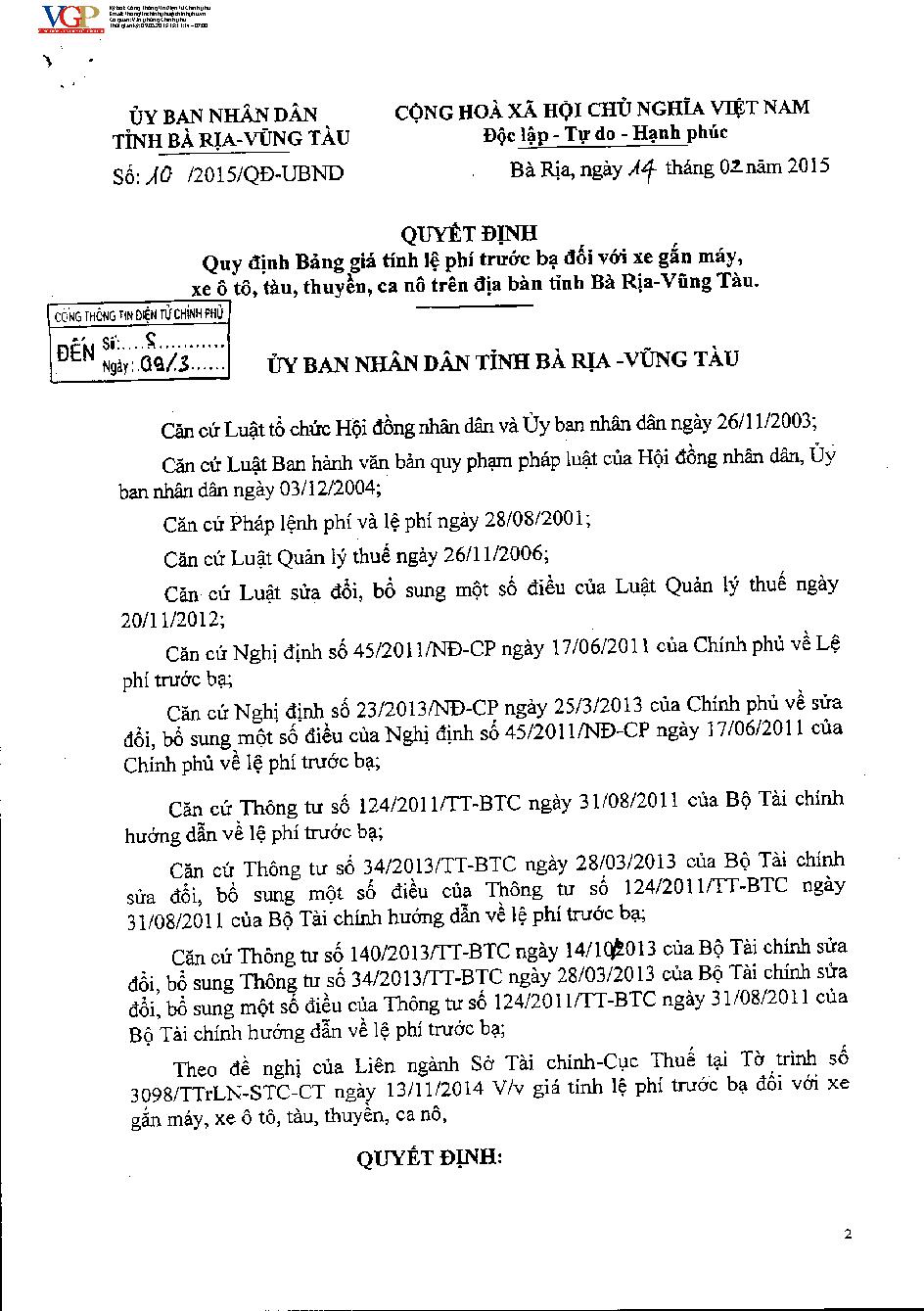 Quyết định 10/2015/QĐ-UBND quy định Bảng giá tính lệ phí trước bạ đối với xe ô tô, xe máy, tàu, thuyền, ca nô trên địa bàn tỉnh Bà Rịa - Vũng Tàu