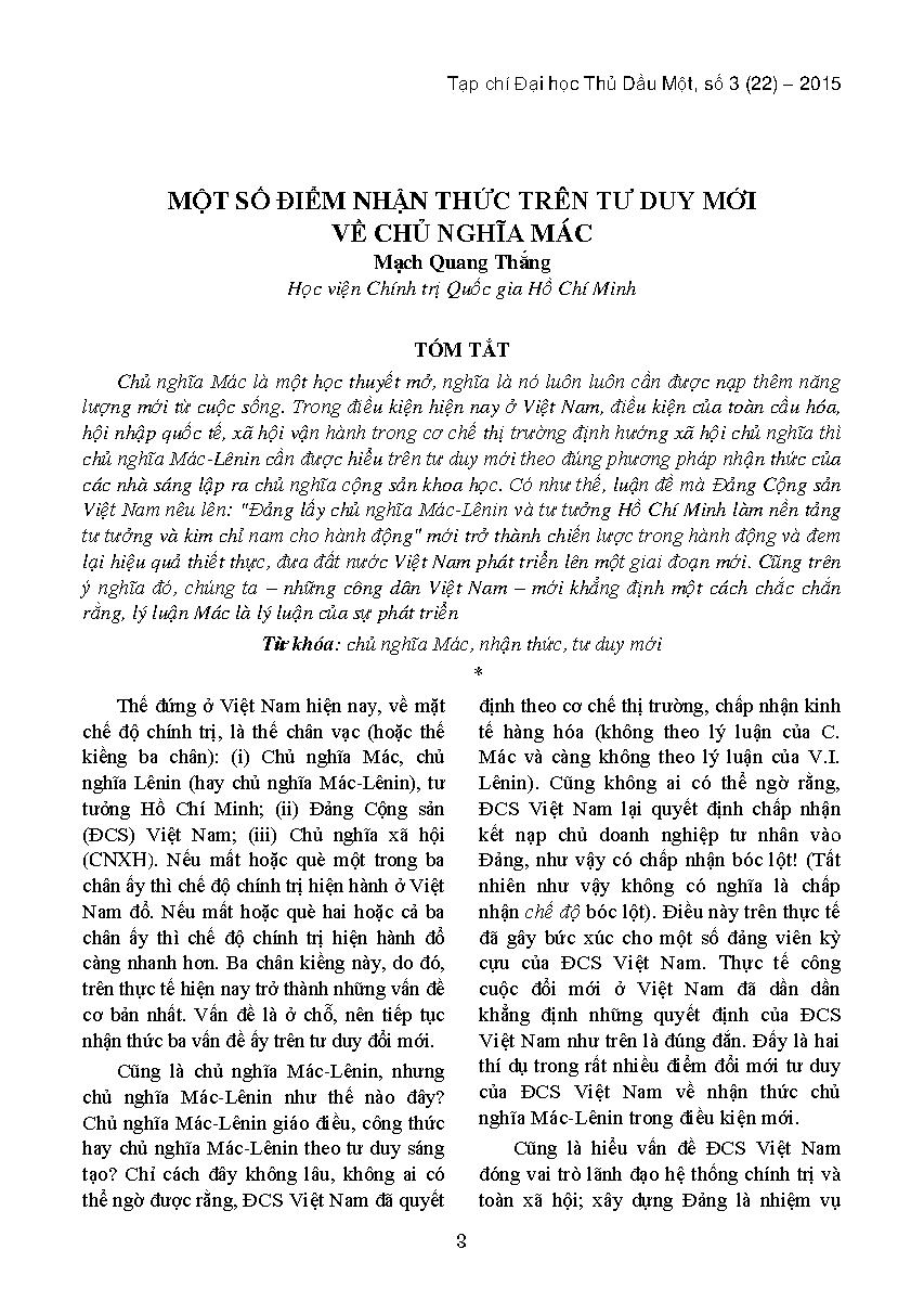 Một số điểm nhận thức trên tư duy mới về chủ nghĩa Mác