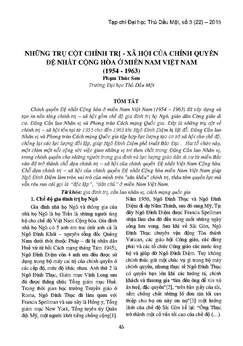 Những trụ cột chính trị - xã hội của chính quyền đệ nhất cộng hòa ở miền nam Việt Nam