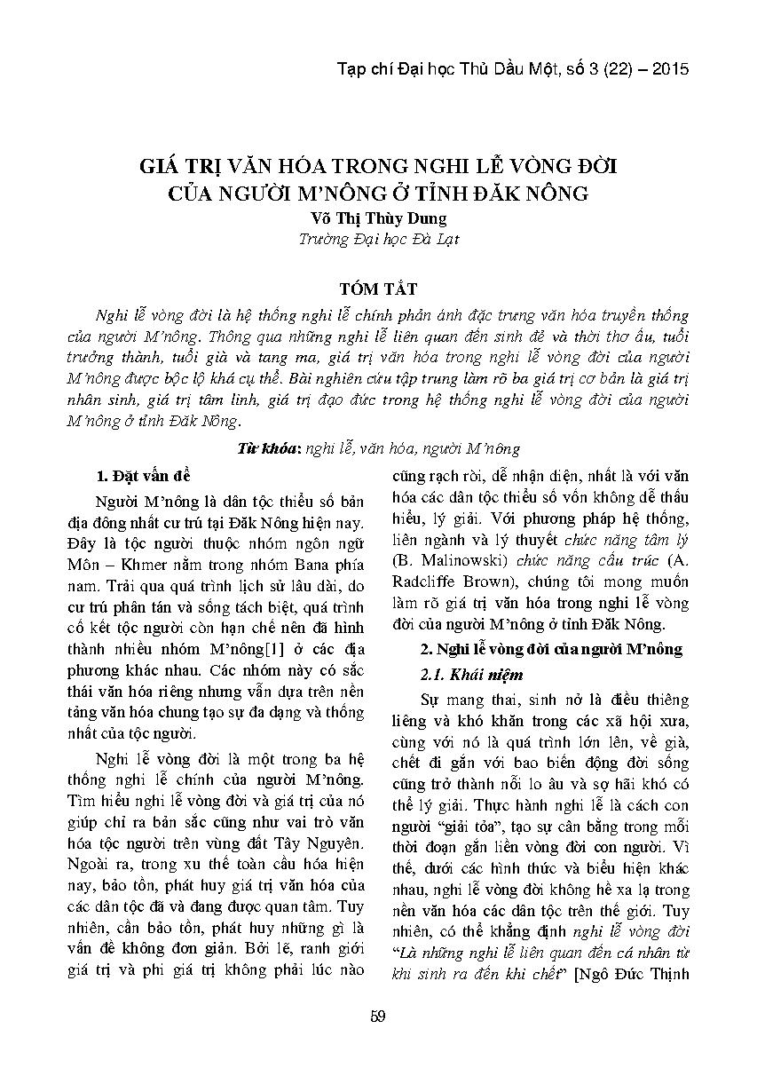 Giá trị văn hóa trong nghi lễ vòng đời của người M'Nông ở tỉnh Đăk Nông