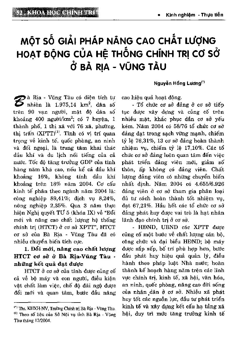 Một số giải pháp nâng cao chất lượng hoạt động của hệ thống chính trị cơ sở ở Bà Rịa - Vũng Tàu