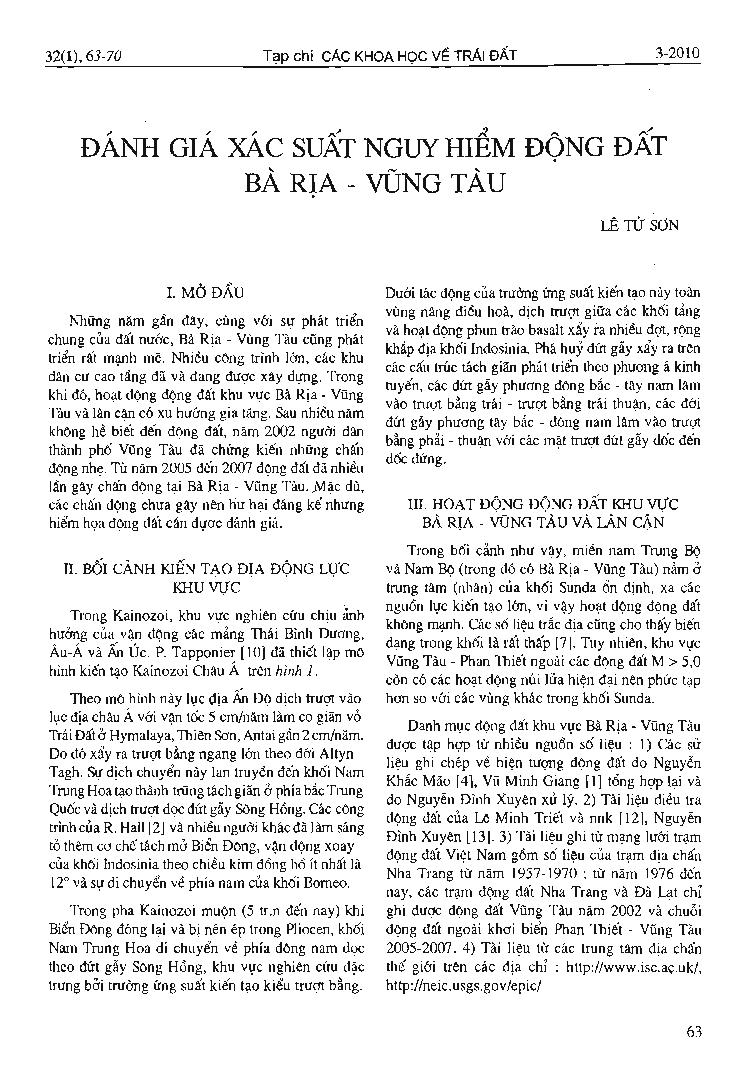 Đánh giá xác suất nguy hiểm động đất Bà Rịa - Vũng Tàu