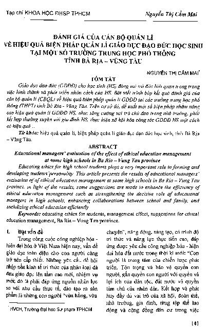 Đánh giá của cán bộ quản lý về hiệu quả biện pháp quản lý giáo dục đạo đức học sinh tại một số trường Trung học phổ thông tỉnh Bà Rịa - Vũng Tàu