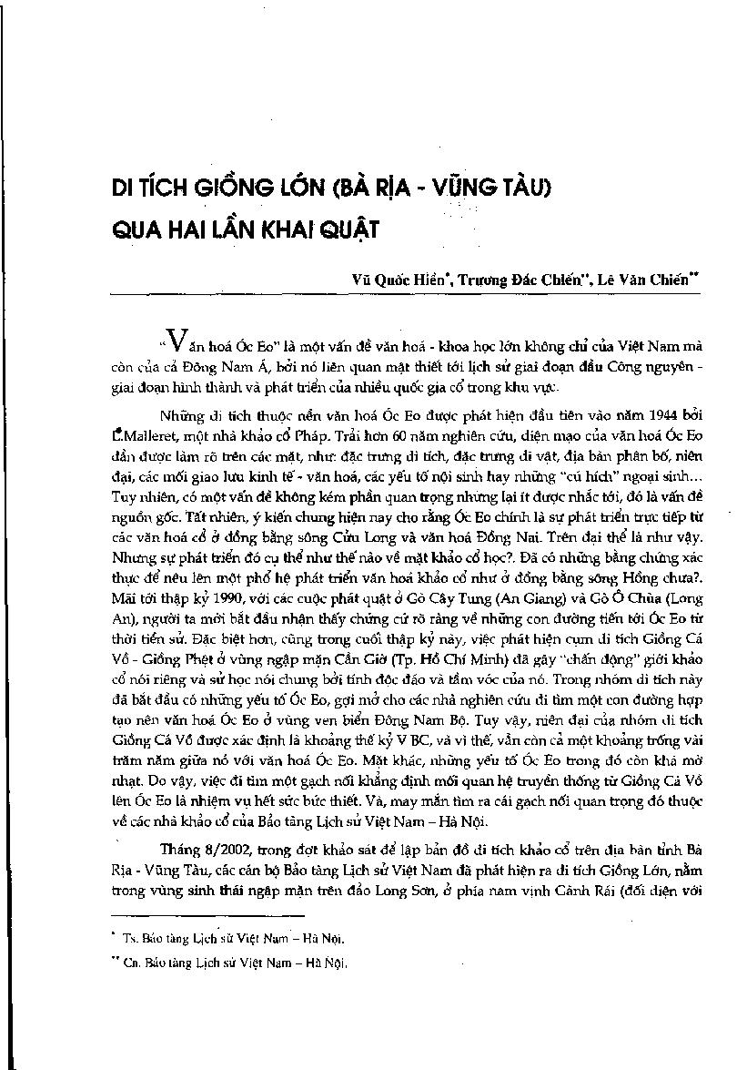 Di tích Giồng lớn (Bà Rịa - Vũng Tàu) qua hai lần khai quật