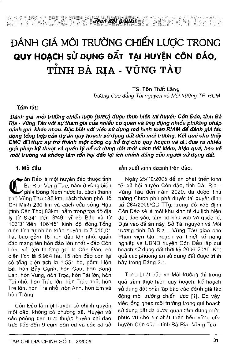 Đánh giá môi trường chiến lược quy hoạch sử dụng đất tại huyện Côn Đảo, tỉnh Bà Rịa Vũng Tàu