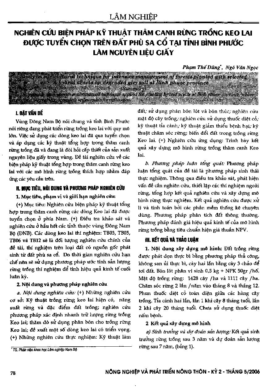 Nghiên cứu biện pháp kỹ thuật thâm canh rừng trồng keo lai được tuyển chọn trên đất phù sa cổ tại tỉnh Bình Phước làm nguyên liệu giấy