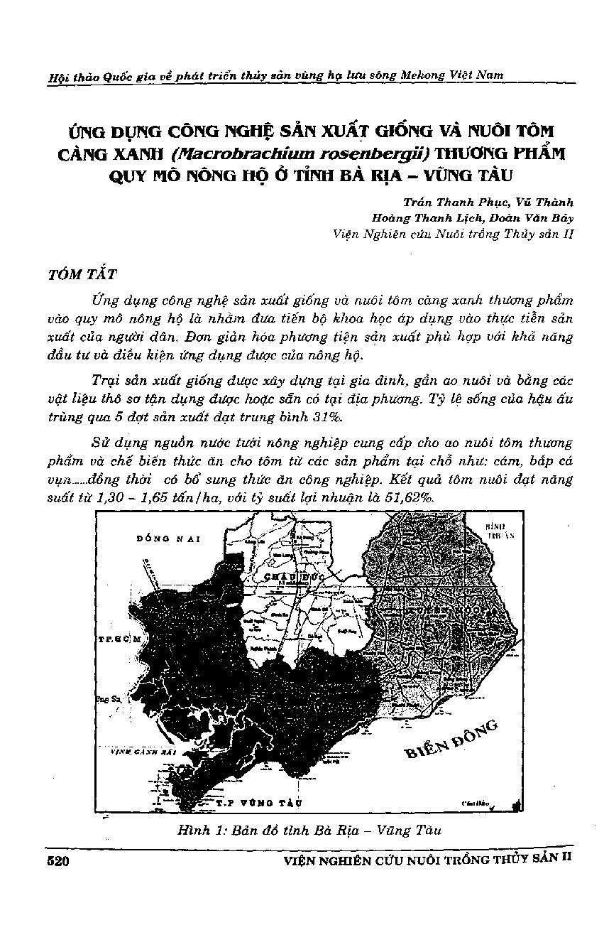 Ứng dụng công nghệ sản xuất giống và nuôi tôm càng xanh (Macrobrachium rosenbergii) thương phẩm quy mô nông hộ ở tỉnh Bà Rịa - Vũng Tàu