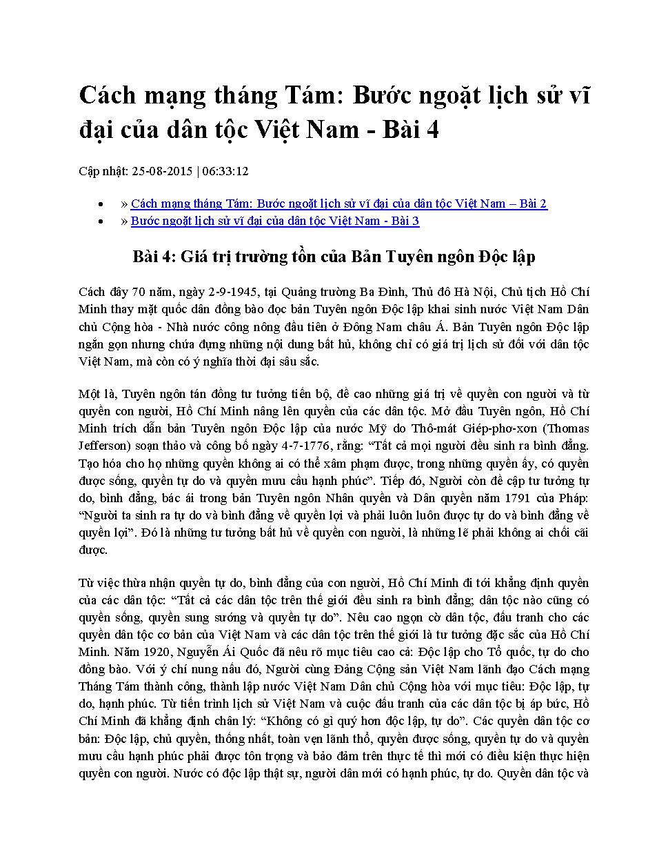 Cách mạng Tháng Tám: Bước ngoặt lịch sử vĩ đại của dân tộc Việt Nam.$nBài 4,$pGiá trị trường tồn của Bản Tuyên ngôn Độc lập