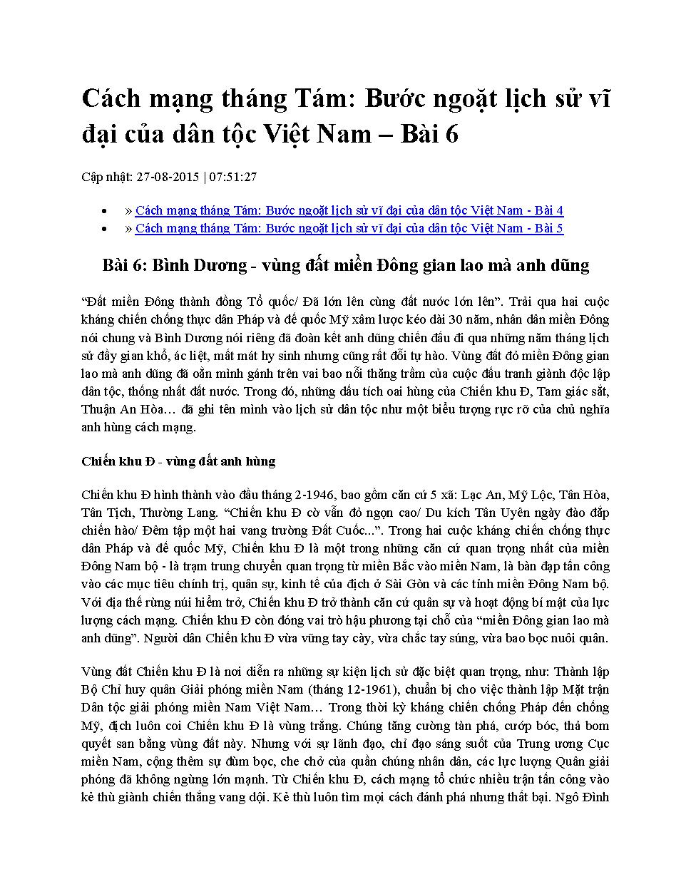 Cách mạng Tháng Tám: Bước ngoặt lịch sử vĩ đại của dân tộc Việt Nam.$nBài 6,$pBình Dương - vùng đất miền Đông gian lao mà anh dũng