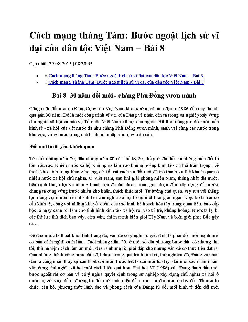 Cách mạng Tháng Tám: Bước ngoặt lịch sử vĩ đại của dân tộc Việt Nam.$nBài 8,$p30 năm đổi mới - chàng Phù Đổng vươn mình