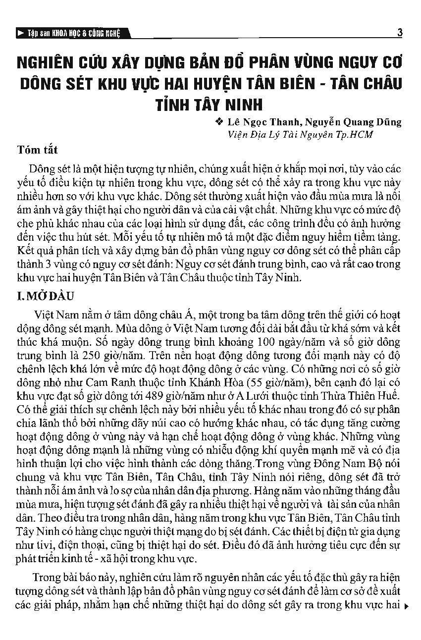 Nghiên cứu xây dựng bản đồ phân vùng nguy cơ dông sét khu vực hai huyện Tân Biên - Tân Châu tỉnh Tây Ninh