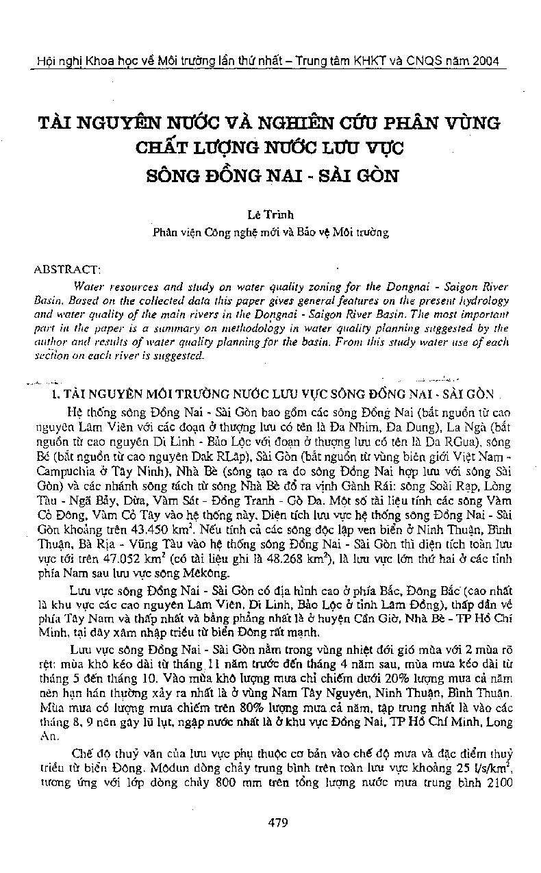 Tài nguyên nước và nghiên cứu phân vùng chất lượng nước lưu vực sông Đồng Nai - Sài Gòn