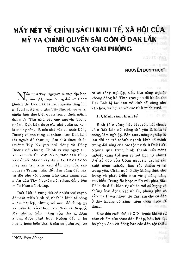 Mấy nét về chính sách kinh tế, xã hội của Mỹ và chính quyền Sài Gòn ở Dak lăk trước ngày giải phóng