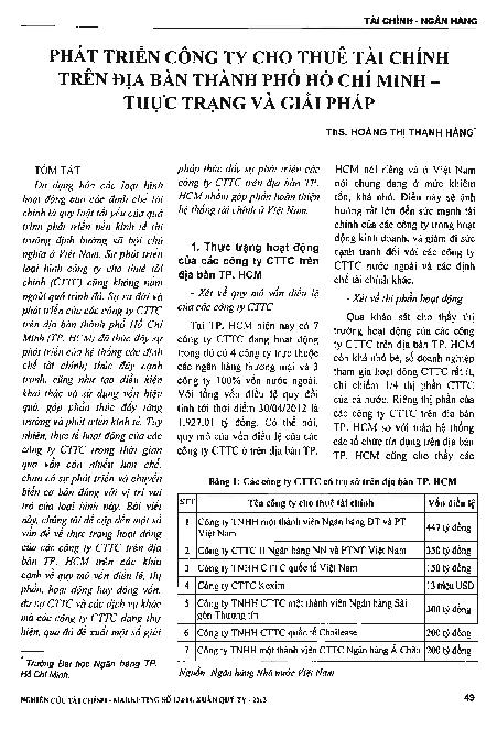 Phát triển công ty cho thuê tài chính trên địa bàn thành phố Hồ Chí Minh - Thực trạng và giải pháp