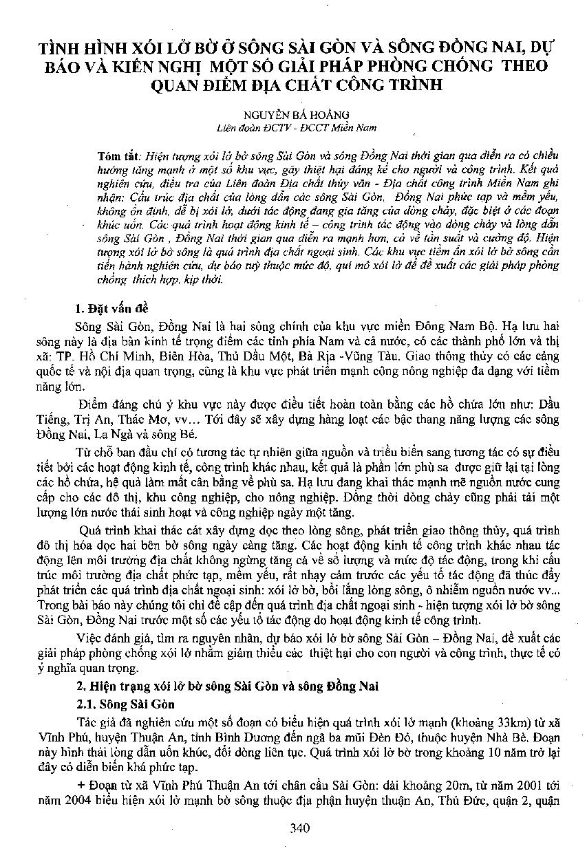 Tình hình xói lở bờ sông Sài Gòn và sông Đồng Nai, dự báo và kiến nghị một số giải pháp phòng chống theo quan điểm địa chất công trình