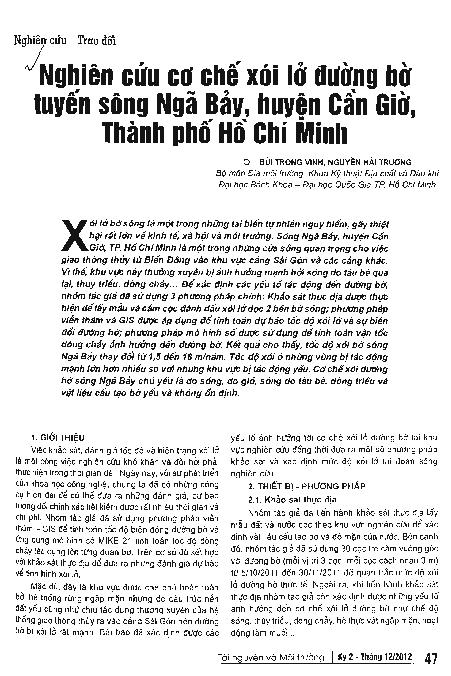 Nghiên cứu cơ chế sói lở đường bờ tuyến Ngã Bảy, huyện Cần Giờ, Thành phố Hồ Chí Minh/ $cBùi Trọng Vinh