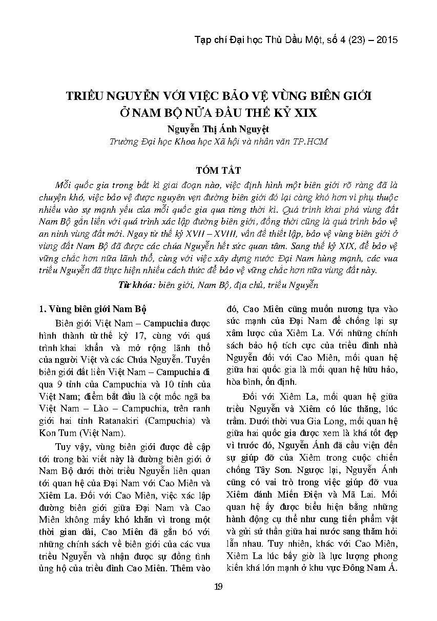 Triều Nguyễn với  việc bảo vệ vùng biên giới ở Nam bộ nửa đầu thế kỷ XIX