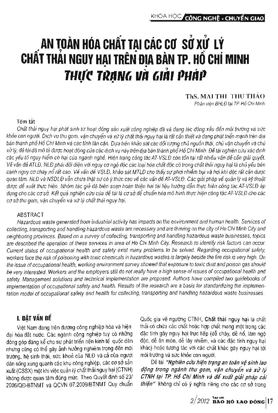 An toàn hóa chất tại các cơ sở xử lý chất thải nguy hại trên địa bàn TP. Hồ Chí Minh thực trạng và giải pháp