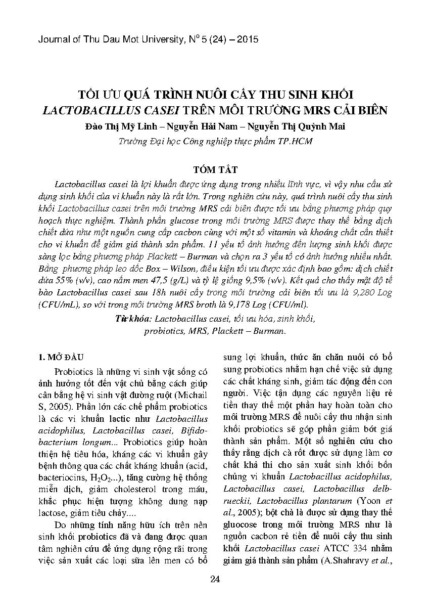 Tối ưu quá trình nuôi cấy thu sinh khối Lactobacillus Casei trên môi trường MRS cải biên