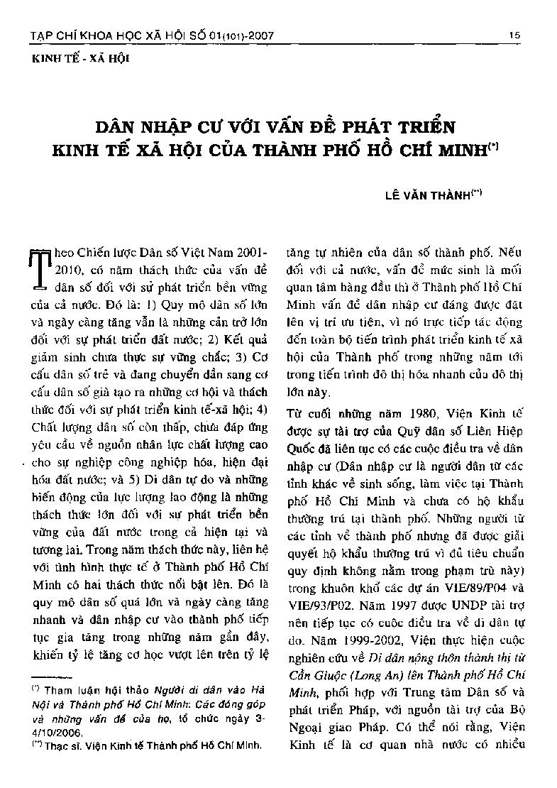 Dân nhập cư với vấn đề phát triển kinh tế xã hội của thành phố Hồ Chí Minh