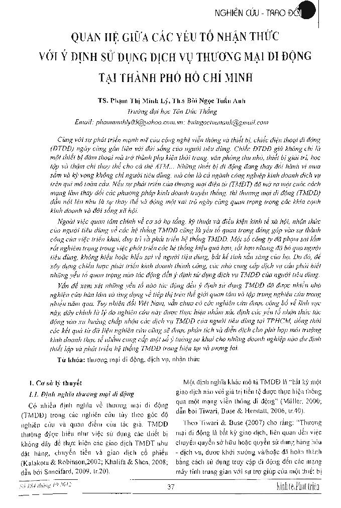 Quan hệ giữa các yếu tố nhận thức với ý định sử dụng dịch vụ thương mại di động tại Thành phố Hồ Chí Minh