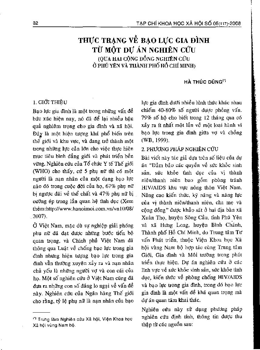 Thực trạng về bạo lực gia đình từ một dự án nghiên cứu (Qua hai cộng đồng nghiên cứu ở Phú Yên và Thành phố Hồ Chí Minh)