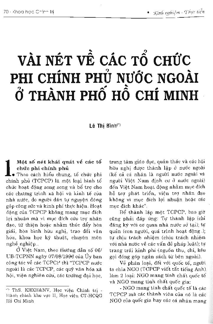 Vài nét về các tổ chức phi chính phủ nước ngoài ở Thành phố Hồ Chí Minh