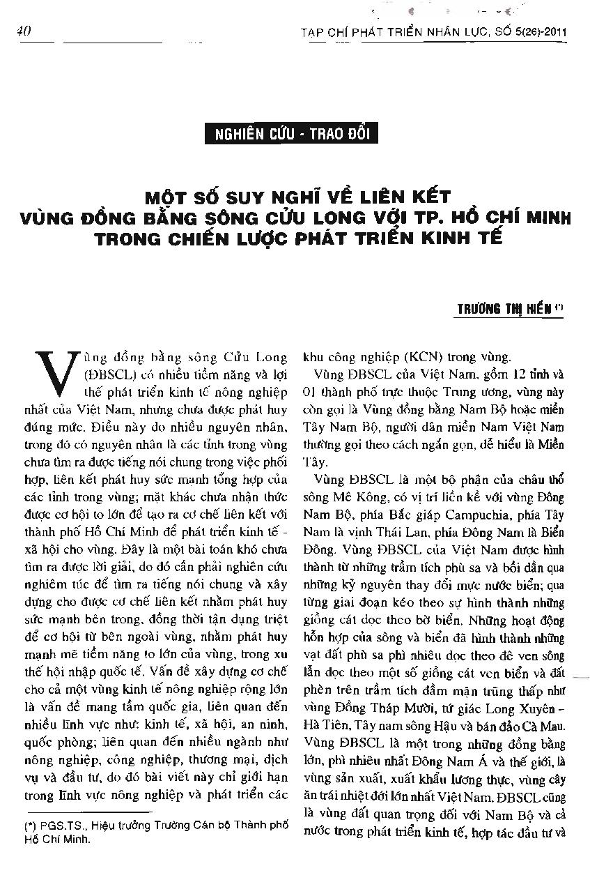 Một số suy nghĩ về liên kết vùng đồng bằng sông Cửu Long với TP. Hồ Chí Minh trong chiến lược phát triển kinh tế