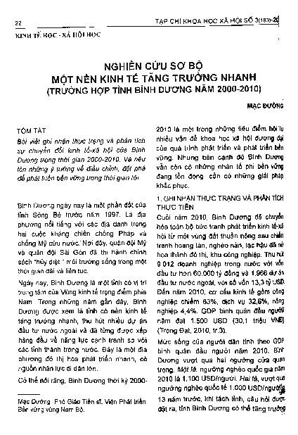 Nghiên cứu sơ bộ một nền kinh tế tăng trưởng nhanh (Trường hợp tỉnh Bình Dương năm 2000-2010)