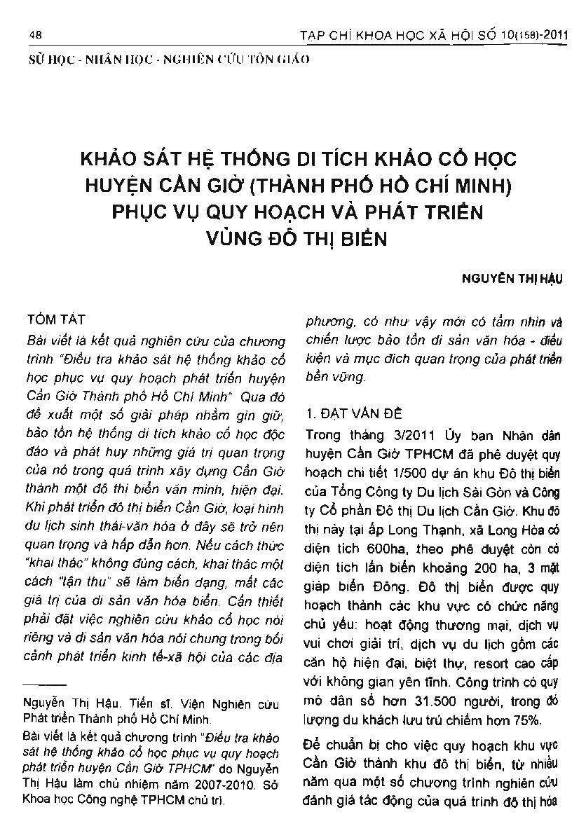 Khảo sát hệ thống di tích khảo cổ học huyện Cần Giờ (Thành phố Hồ Chí Minh phục vụ quy hoạch và phát triển vùng đô thị biển)