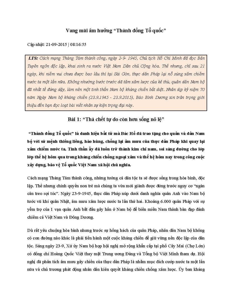 Vang mãi âm hưởng â€œThành đồng Tổ quốcâ€.$nBài 1,$pThà chết tự do còn hơn sống nô lệ