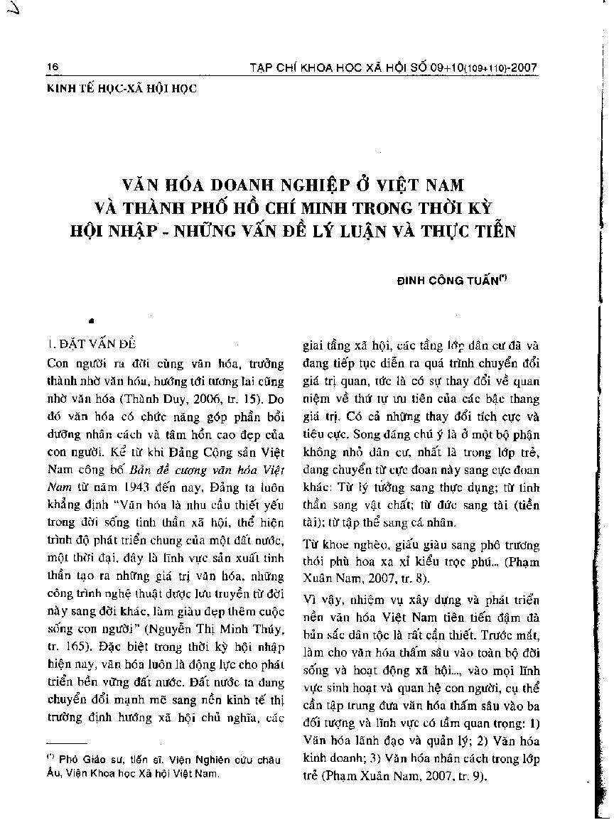 Văn hóa Doanh nghiệp ở Việt Nam và Thành phố Hồ Chí Minh trong thời kỳ hội nhập â€“ Những vấn đề lý luận và thực tiễn