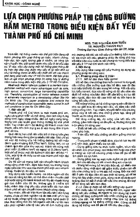 Lựa chọn phương pháp thi công đường hầm Metro trong điều kiện đất yếu thành phố Hồ Chí Minh