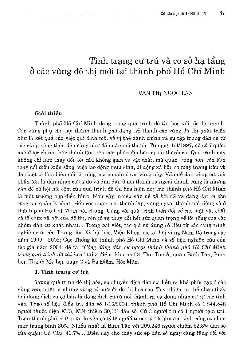 Tình trạng cư trú và cơ sở hạ tầng ở các vùng đô thị mới tại thành phố Hồ Chí Minh