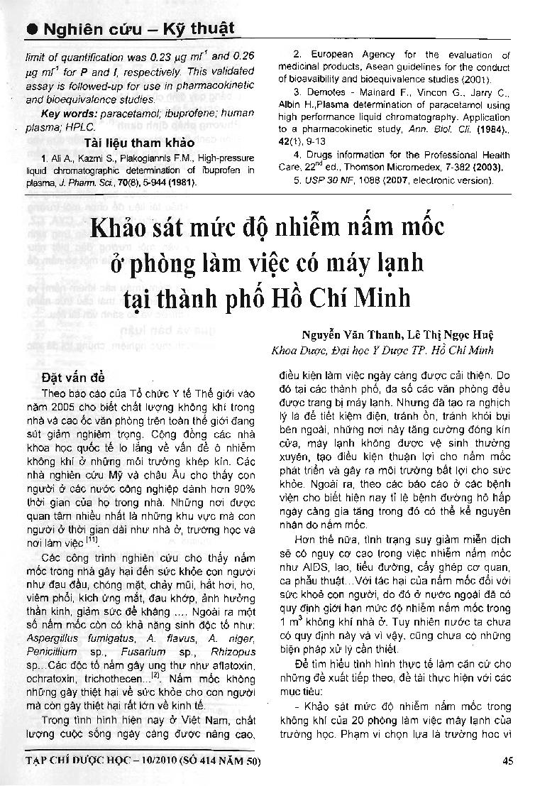 Khảo sát mức độ nhiễm nấm mốc ở phòng làm việc có máy lạnh tại thành phố Hồ Chí Minh