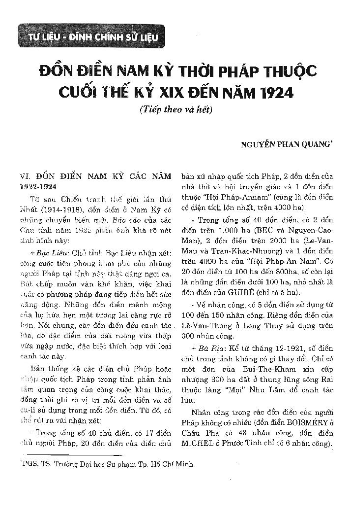 Đồn điền Nam kỳ thời Pháp thuộccuối thế kỷ XIX đến năm 1924.$pTiếp theo và hết