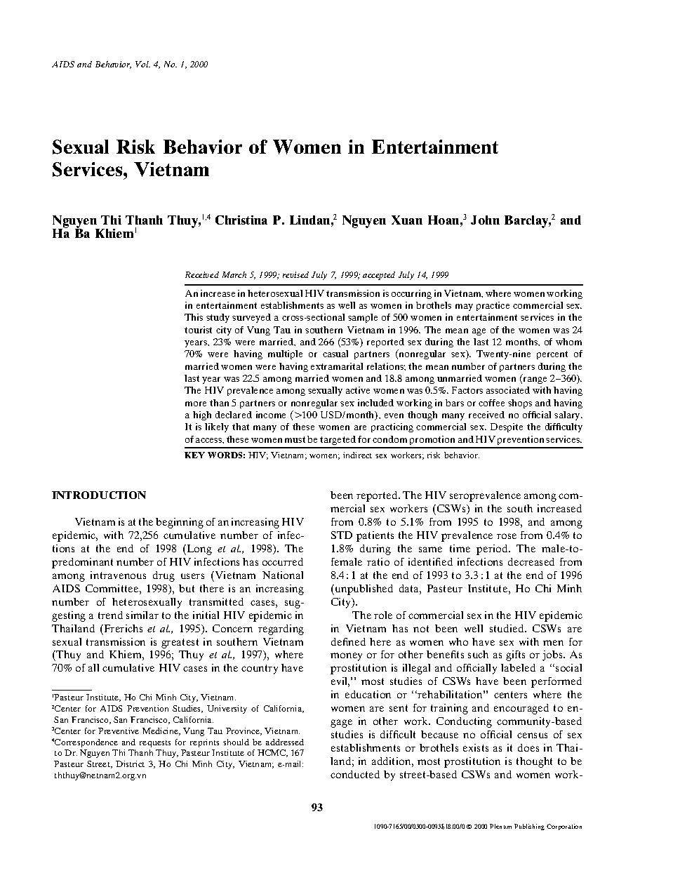 Sexual Risk Behavior of Women in Entertainment