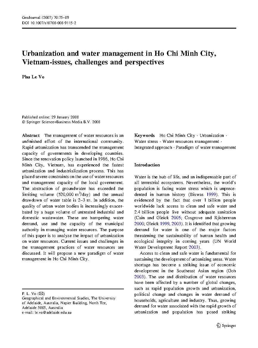 Urbanization and water management in Ho Chi Minh City, Vietnam-issues, challenges and perspectives