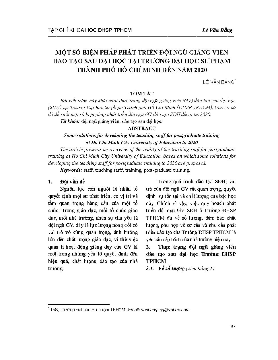 Một số biện pháp phát triển đôÌ£i nguÌƒ giaÌ‰ng viên đào tạo sau đại học tại TrươÌ€ng Đại học Sư phạm Thành phố Hồ Chí Minh đến năm 2020