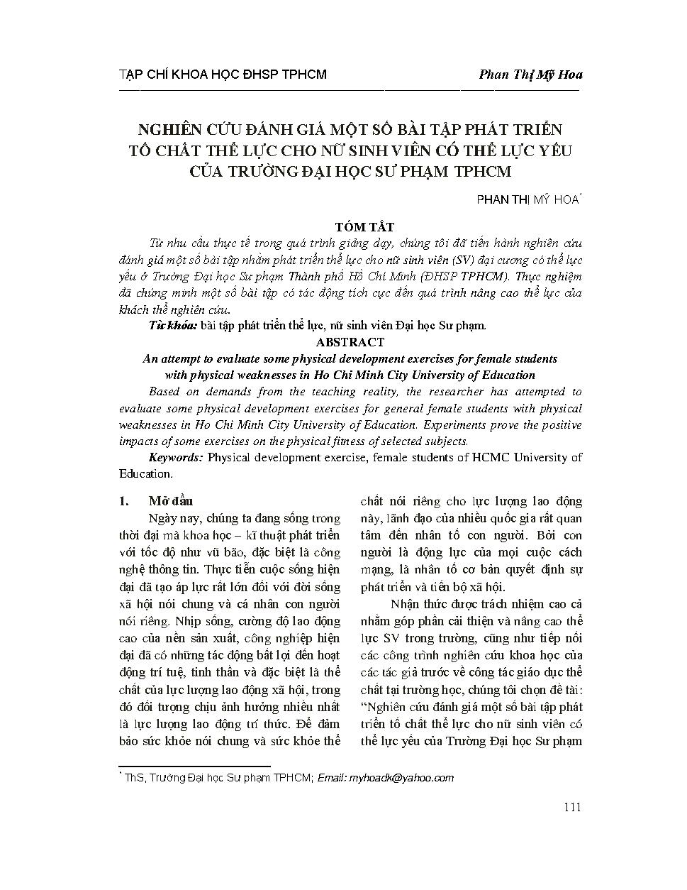 Nghiên cứu đánh giá một số bài tập phát triển tố chất thể lực cho nữ sinh viên có thể lực yếu của Trường Đại học Sư phạm Thành phố Hồ Chí Minh