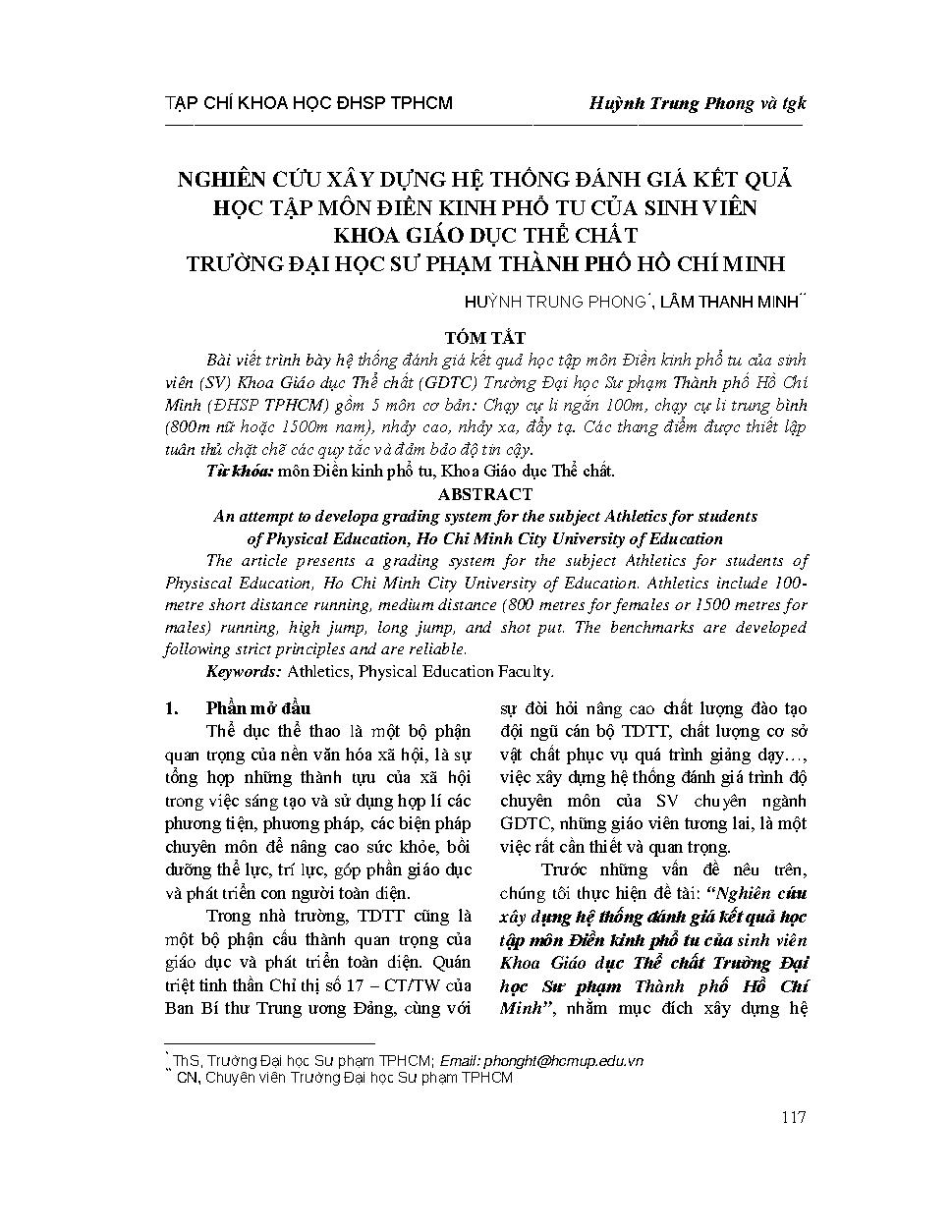 Nghiên cứu xây dựng hệ thống đánh giá kết quả học tập môn Điền kinh phổ tu của sinh viên Khoa Giáo dục Thể chất Trường Đại học Sư phạm Thành phố Hồ Chí Minh