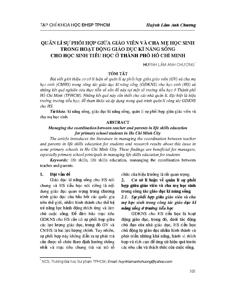 Quản lí sự phối hợp giữa giáo viên và cha mẹ học sinh trong hoạt động giáo dục kĩ năng sống cho học sinh tiểu học ở TP Hồ Chí Minh