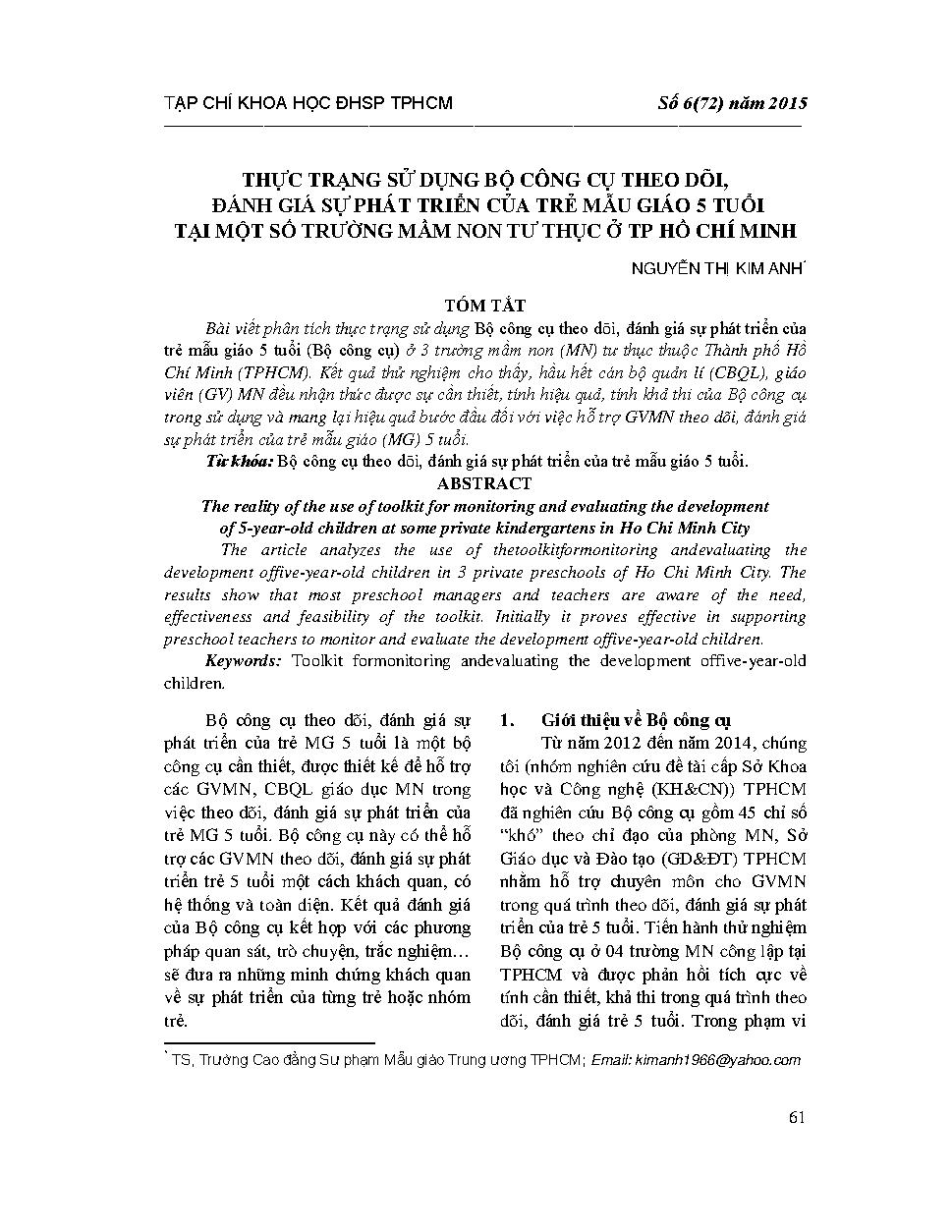 Thực trạng sử dụng Bộ công cụ theo dõi, đánh giá sự phát triển của trẻ mẫu giáo 5 tuổi tại một số trường mầm non tư thục ở Thành phố Hồ Chí Minh