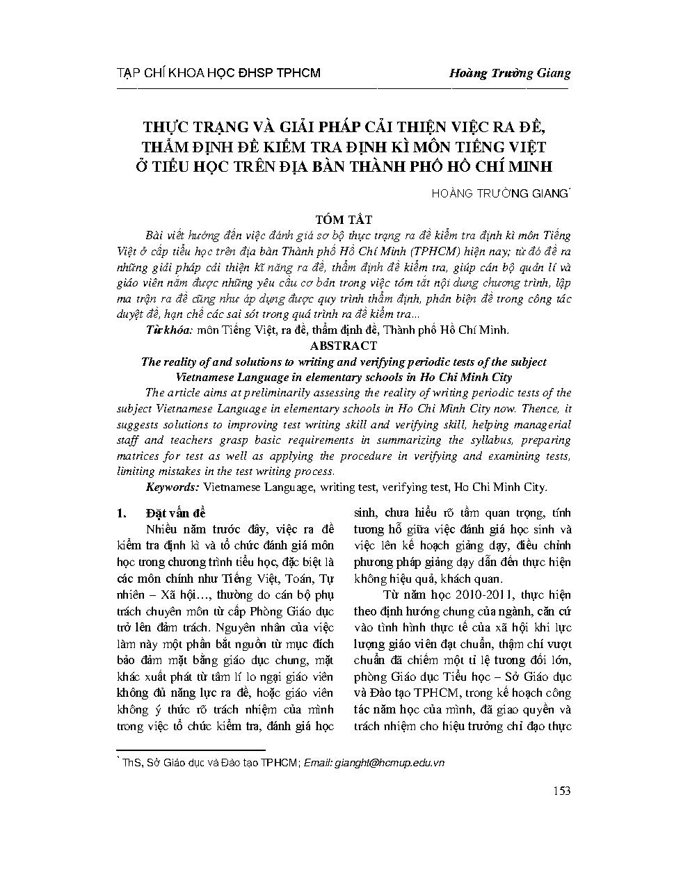 Thực trạng và giải pháp cải thiện việc ra đề, thẩm định đề kiểm tra định kì môn Tiếng Việt ở tiểu học trên địa bàn Thành phố Hồ Chí Minh