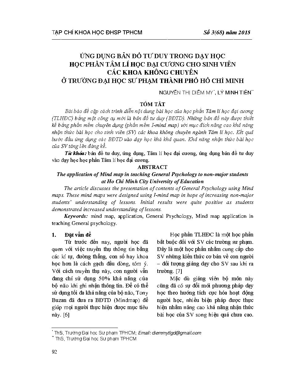 Ứng dụng bản đồ tư duy trong dạy học học phần Tâm lí học đại cương cho sinh viên các khoa không chuyên ở Trường Đại học Sư phạm Thành phố Hồ Chí Minh