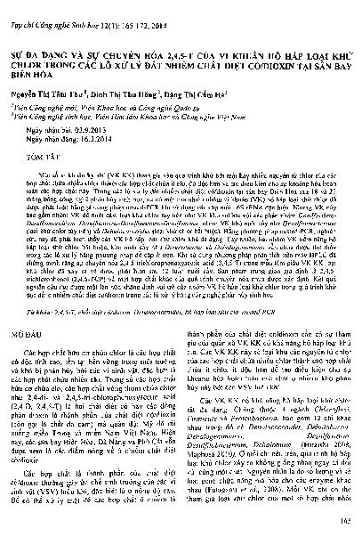 Sự đa dạng và sự chuyển hóa 2,4,5-T của vi khuẩn hô hấp loại khử chlor trong các lô xử lý đất nhiễm chất diệt cỏ /Dioxin tại sân bay Biên Hòa