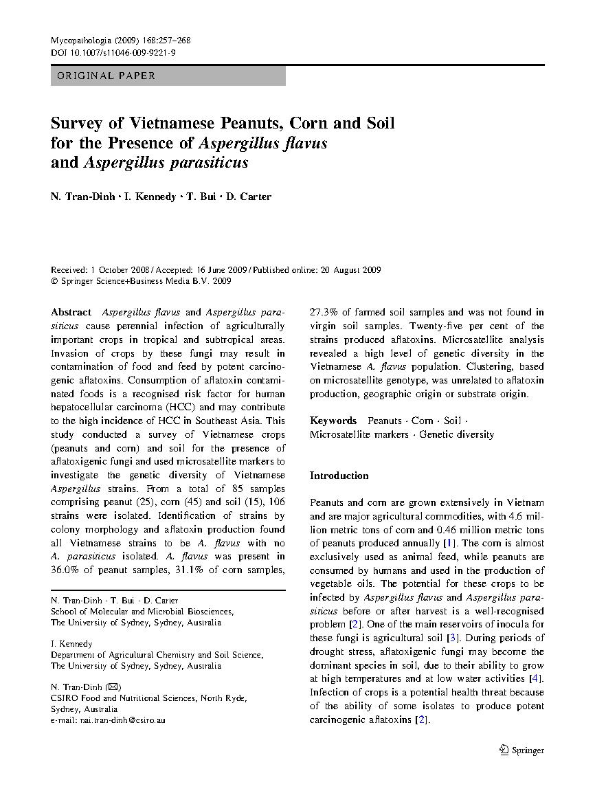 Survey of Vietnamese Peanuts, Corn and Soil for the Presence of Aspergillus flavus and Aspergillus parasiticus