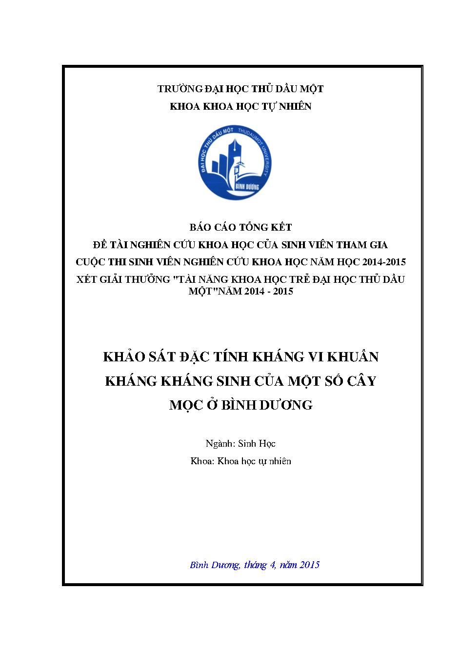 Khảo sát đặc tính kháng vi khuẩn kháng kháng sinh của một số cây mọc ở Bình Dương